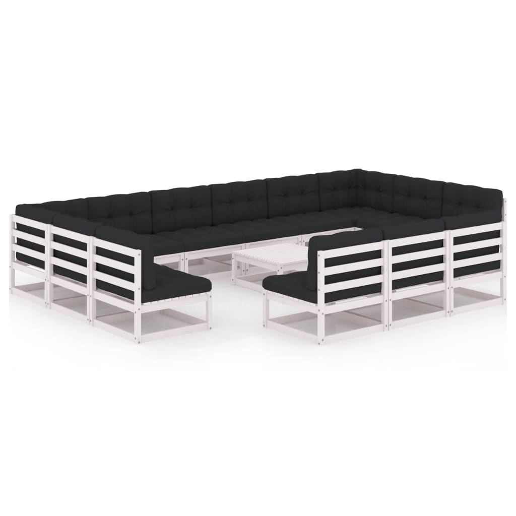 14-tlg. Garten-Lounge-Set mit Kissen Weiss Kiefer Massivholz